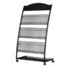 MS Black Magazine Newspaper Stand with 3 levels, Back Support and Rotating Wheels