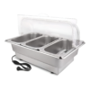 Electric SS Chafing Dish Containing 3 Units of 1/3 GN Pans Chafing Dish Bain Marie Chocolate Melter With Transparent See Through Poly Carbonate (PC) Roll Top Lid (GN Pan Depth:65mm and GN Pan Capacity:2.25L Each Pan Approx)