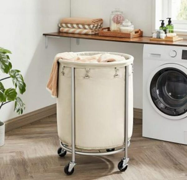 Stainless Steel Round Shaped Laundry Trolley Clothes Sorter With Wheels And Removable Canvas Bag