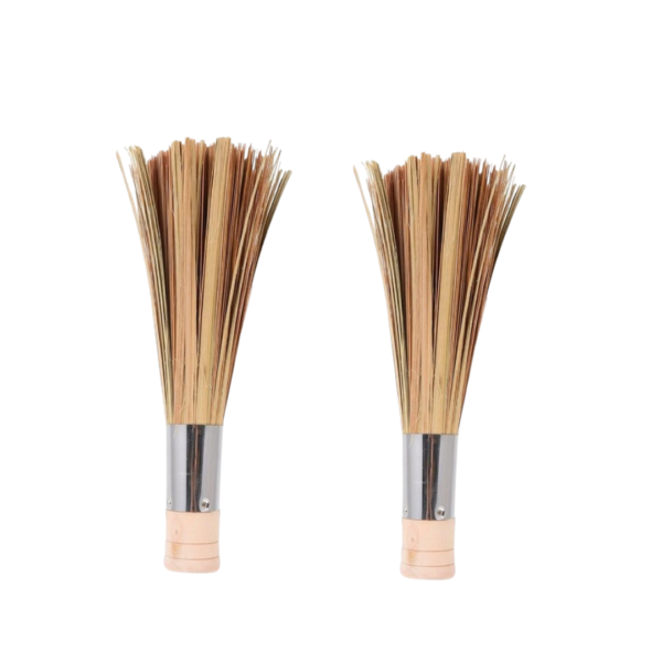 Pack of 2 Bamboo Wood Based Hygienic Cleaning Chinese Broom with Stainless Steel Handle for Ideal Heavy Duty Cleaning Use of Woks, Dosa Bhatties, Stoves