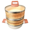 10 Inches Wide 3 Tier Induction Compatible Ceramic Kadai + Wooden Dimsum Baskets with SS Ring and Wooden Handles (Size: 10 Inches Wide)
