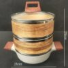 8 Inches Wide 3 Tier Induction Compatible Ceramic Kadai + Wooden Dimsum Baskets with SS Ring and Wooden Handles (Size: 8 Inches Wide) - Image 3