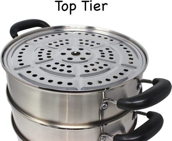 28cm Wide 3 Tier Stainless Steel Induction & Gas Compatible Corn Rice Vegetables Dimsum Momos Steamer with Transparent Lid (Size: 28cm Wide) - Image 3