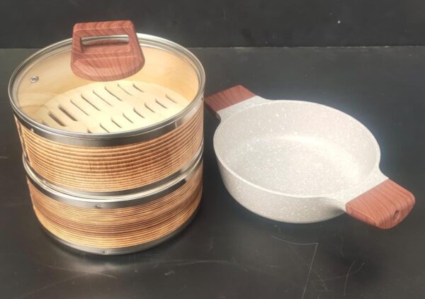 8 Inches Wide 3 Tier Induction Compatible Ceramic Kadai + Wooden Dimsum Baskets with SS Ring and Wooden Handles (Size: 8 Inches Wide) - Image 4