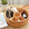 Round 37cm Wide 5 Compartment Polyrattan Basket with Metal Wire for Organized Storage and Serving Of Dry Fruits, Candies, Chocolates, Sweets, Cookies, Yarn Balls and Other Food Items - Walnut Brown Colour (Size: 37x37x6.5cm)(Code: AD3)