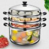 34cm Wide 3 Tier Stainless Steel Induction & Gas Compatible Corn Rice Vegetables Dimsum Momos Steamer with Transparent Lid (Size: 34cm Wide) - Image 8
