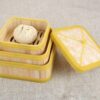 Heavy Duty Premium SQUARE SHAPED Bamboo Wooden Dimsum Basket with Yellow Border & Lid for Steaming Momos, Dumplings, BaoBuns, Mandus (Size: 14.5cm)