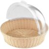 Round 38cm Wide Polyrattan Woven Bread Fruit Vegetable Snacks Basket with Transparent Polycarbonate Roof Roll Top Lid for Storage with Metal Wire - Cream Colour (Size: 15 Inches Diameter with 4 Inches Height Approx)