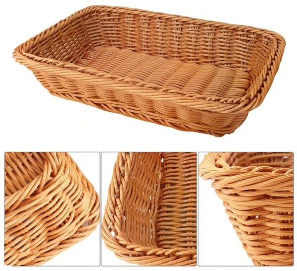 Rectangular 20x27cm Polyrattan Flower Fruit Vegetable Bread Basket with Metal Wire - Walnut Brown Colour (Size: 20x27x5cm) - Image 6
