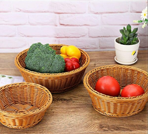 Round 40cm Wide Polyrattan Flower Fruit Vegetable Bread Basket with Metal Wire - Walnut Brown Colour (Size: 40x40x10cm)(Code: 2045A) - Image 9