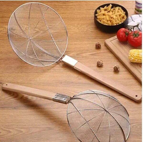 32cm Wide Stainless Steel Noodle Food Strainer Skimmer with Flat Wooden Handle (Size: 32cm Wide) - Image 5