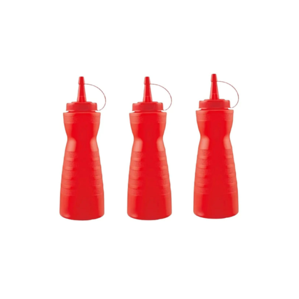12Oz Pack of 3 Curved Sauce Bottle Salad Dressing Bottle Ketchup Mayonnaise Bottle with Closed Top Cap & Handle Provision (Colour: Red)
