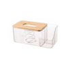 PC Transparent Tissue Holder Box with Inner Spring, Wooden Lid and Side Compartments