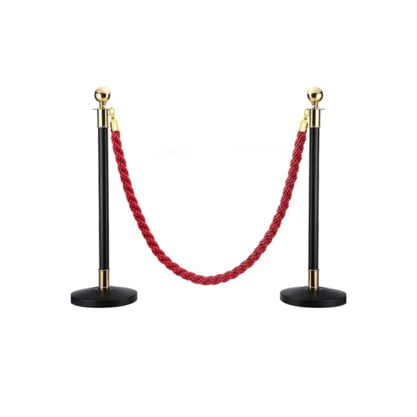 Set of 2 Pole Black Queue Manager Barrier Steel Barricade with Retractable 5 Feet Long Belt & Heavy Duty Stanchions Base for Commercial Places. (Belt Type: Red Twisted)