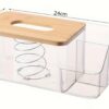 PC Transparent Tissue Holder Box with Inner Spring, Wooden Lid and Side Compartments - Image 2