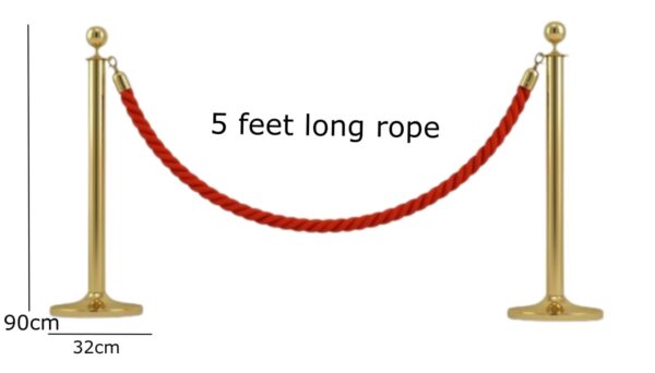 Set of 2 Pole Golden Queue Manager Barrier Steel Barricade with Retractable 5 Feet Long Belt & Heavy Duty Stanchions Base for Commercial Places. (Belt Type: Red Twisted) - Image 2