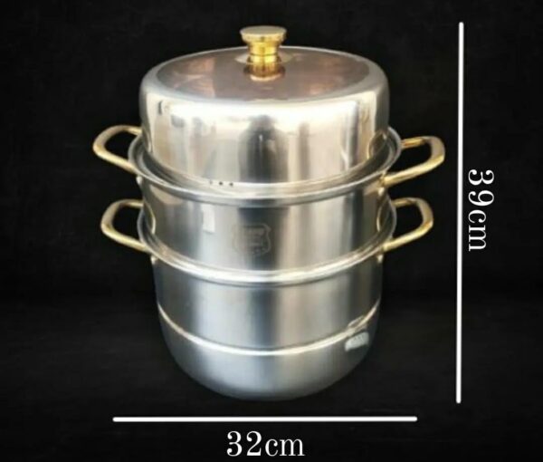 32cm Wide Gold + SS 3 Tier Manual Rice Corn Momo Steamer (Size: 32cm) - Image 2