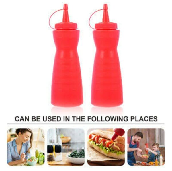 12Oz Pack of 3 Curved Sauce Bottle Salad Dressing Bottle Ketchup Mayonnaise Bottle with Closed Top Cap & Handle Provision (Colour: Red) - Image 3