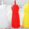 12Oz Pack of 3 Curved Sauce Bottle Salad Dressing Bottle Ketchup Mayonnaise Bottle with Closed Top Cap & Handle Provision (Color: Red + White + Yellow) - Image 3