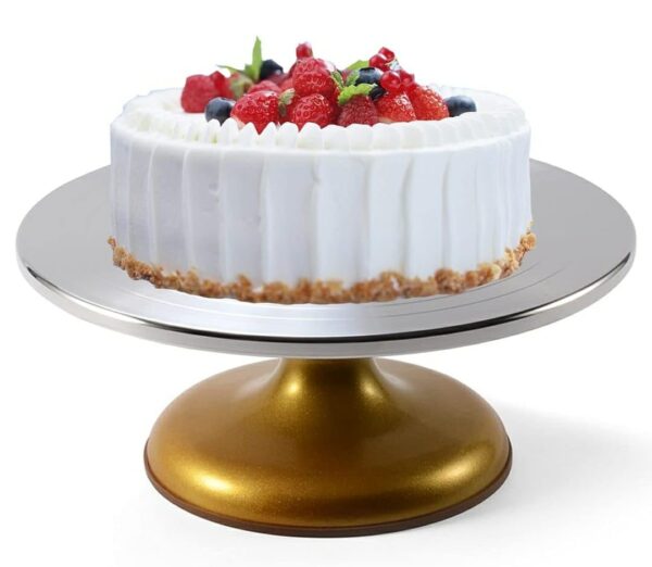 Aluminium Cake Stand 360 Degree Smooth Rotating for Decorating, Icing Turntable (Size: 12 Inches Wide and 5 Inches Height, Weight: 2.5 Kg, Colour: Silver and Golden) - Image 6