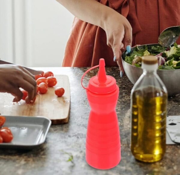 12Oz Pack of 3 Curved Sauce Bottle Salad Dressing Bottle Ketchup Mayonnaise Bottle with Closed Top Cap & Handle Provision (Colour: Red) - Image 6