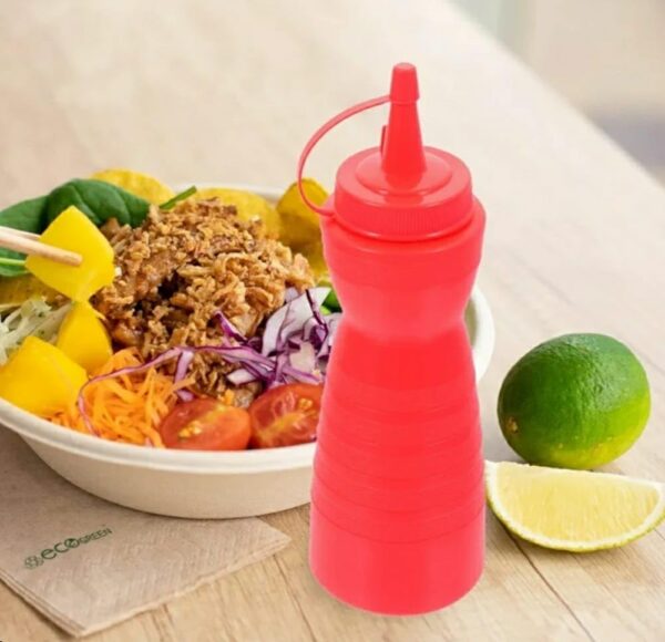 12Oz Pack of 3 Curved Sauce Bottle Salad Dressing Bottle Ketchup Mayonnaise Bottle with Closed Top Cap & Handle Provision (Colour: Red) - Image 7